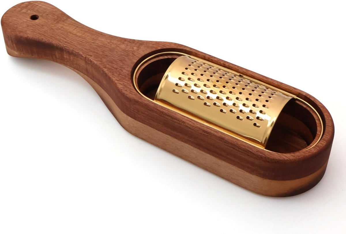 Box Cheese Grater With Container - Stainless Steel Parmesan Cheese Grater With Wood Handle Shredder Zester Grater Box Kitchen Handheld Cheese Spoon Grater-Titanium Gold Colour