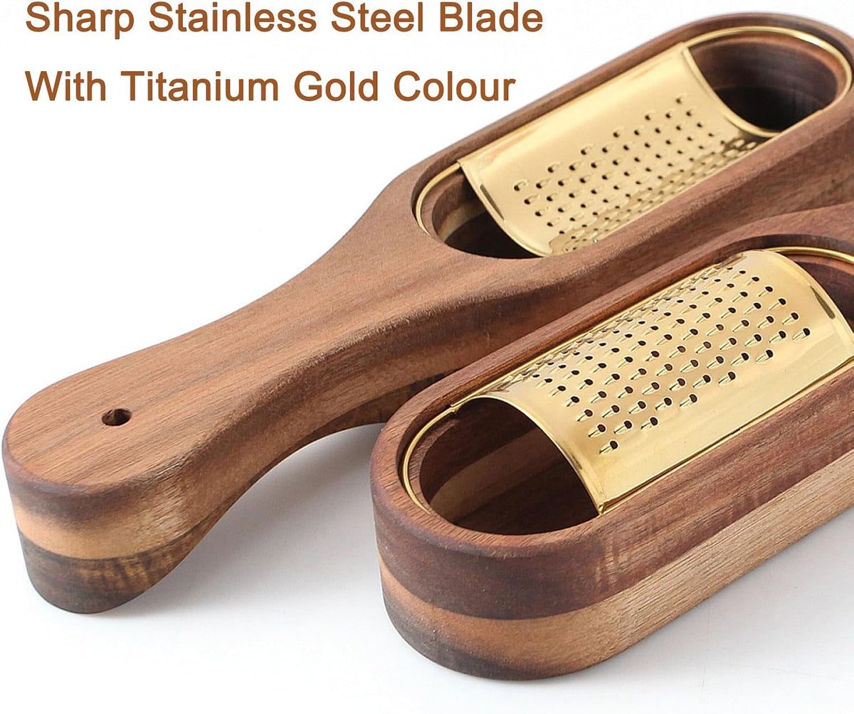 Box Cheese Grater With Container - Stainless Steel Parmesan Cheese Grater With Wood Handle Shredder Zester Grater Box Kitchen Handheld Cheese Spoon Grater-Titanium Gold Colour