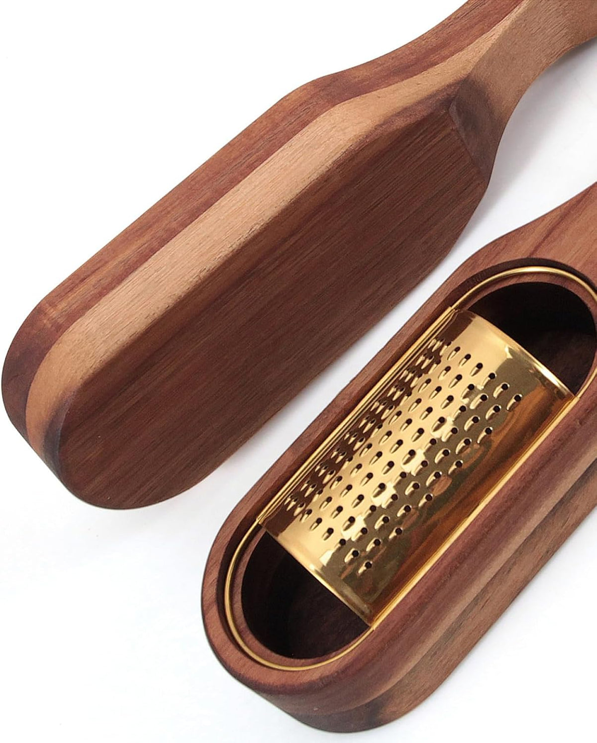Box Cheese Grater With Container - Stainless Steel Parmesan Cheese Grater With Wood Handle Shredder Zester Grater Box Kitchen Handheld Cheese Spoon Grater-Titanium Gold Colour