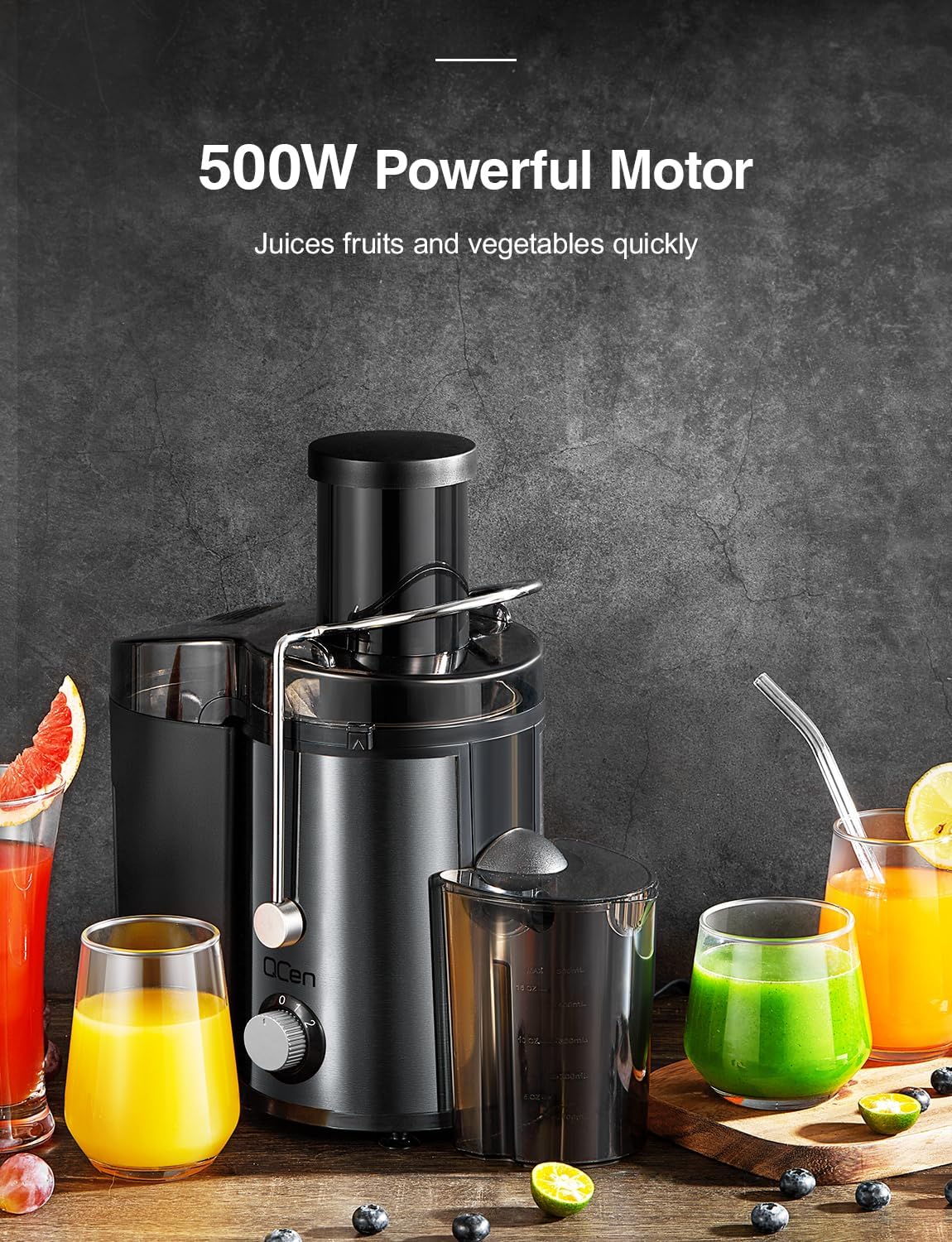 Juicer Machine, 500W Centrifugal Juicer Extractor with Wide Mouth 3” Feed Chute for Fruit Vegetable, Easy to Clean, Stainless Steel, BPA-free (Black)