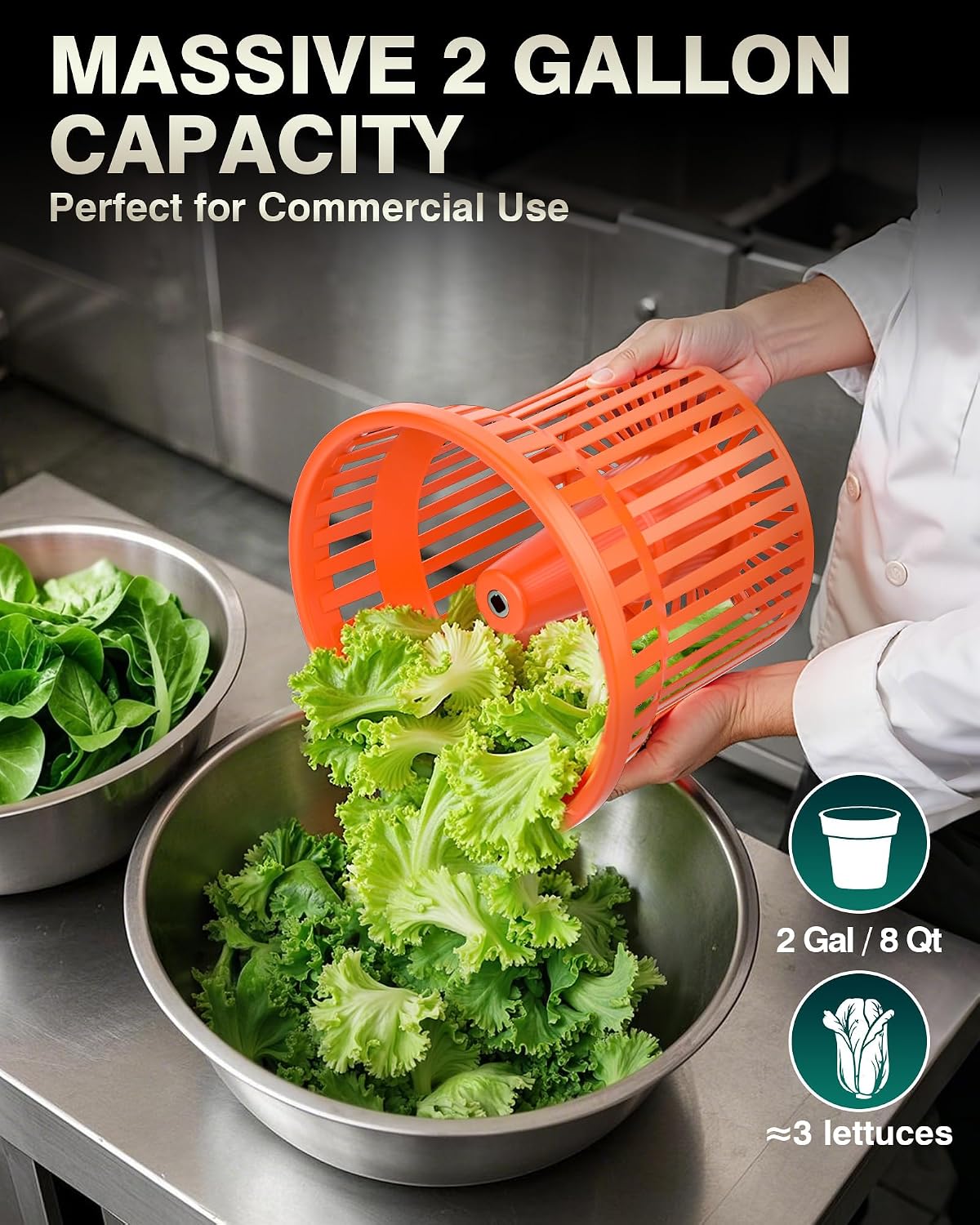 Commercial Salad Spinner - [2 Gallon Salad Dryer] w/Silicone [Anti-slip Mat] & [Draining Hose], 10Qt Manual Salad Spinner for 3 Heads of Lettuce Spinner Large for Catering, Orange