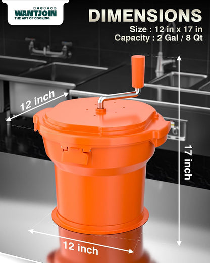 Commercial Salad Spinner - [2 Gallon Salad Dryer] w/Silicone [Anti-slip Mat] & [Draining Hose], 10Qt Manual Salad Spinner for 3 Heads of Lettuce Spinner Large for Catering, Orange