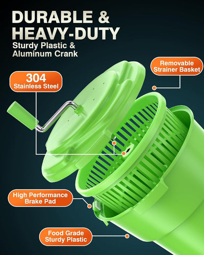Commercial Salad Spinner - [2 Gallon Salad Dryer] w/Silicone [Anti-slip Mat] & [Draining Hose], 10Qt Manual Salad Spinner for 3 Heads of Lettuce Spinner Large for Catering, Orange