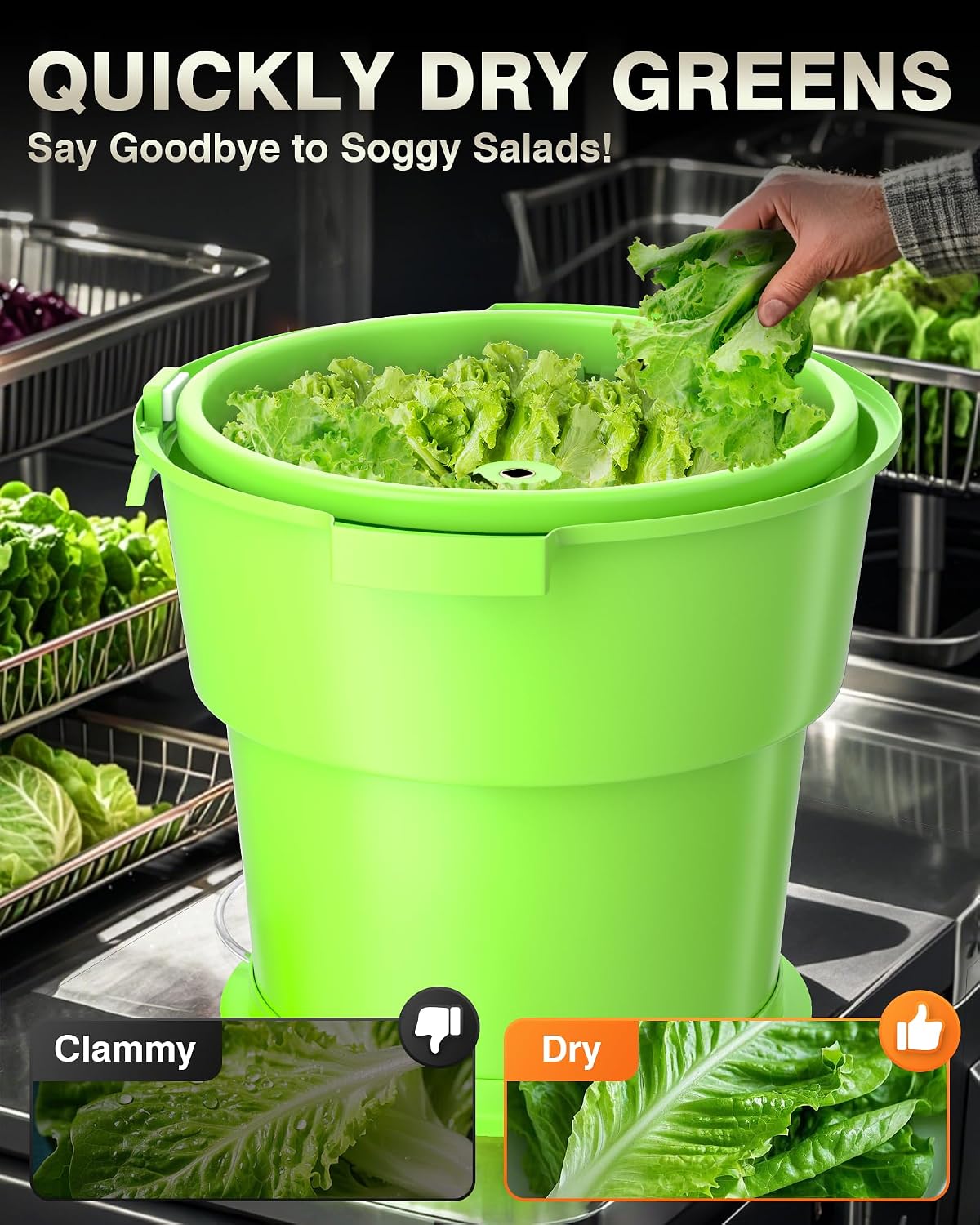 Commercial Salad Spinner - [2 Gallon Salad Dryer] w/Silicone [Anti-slip Mat] & [Draining Hose], 10Qt Manual Salad Spinner for 3 Heads of Lettuce Spinner Large for Catering, Orange