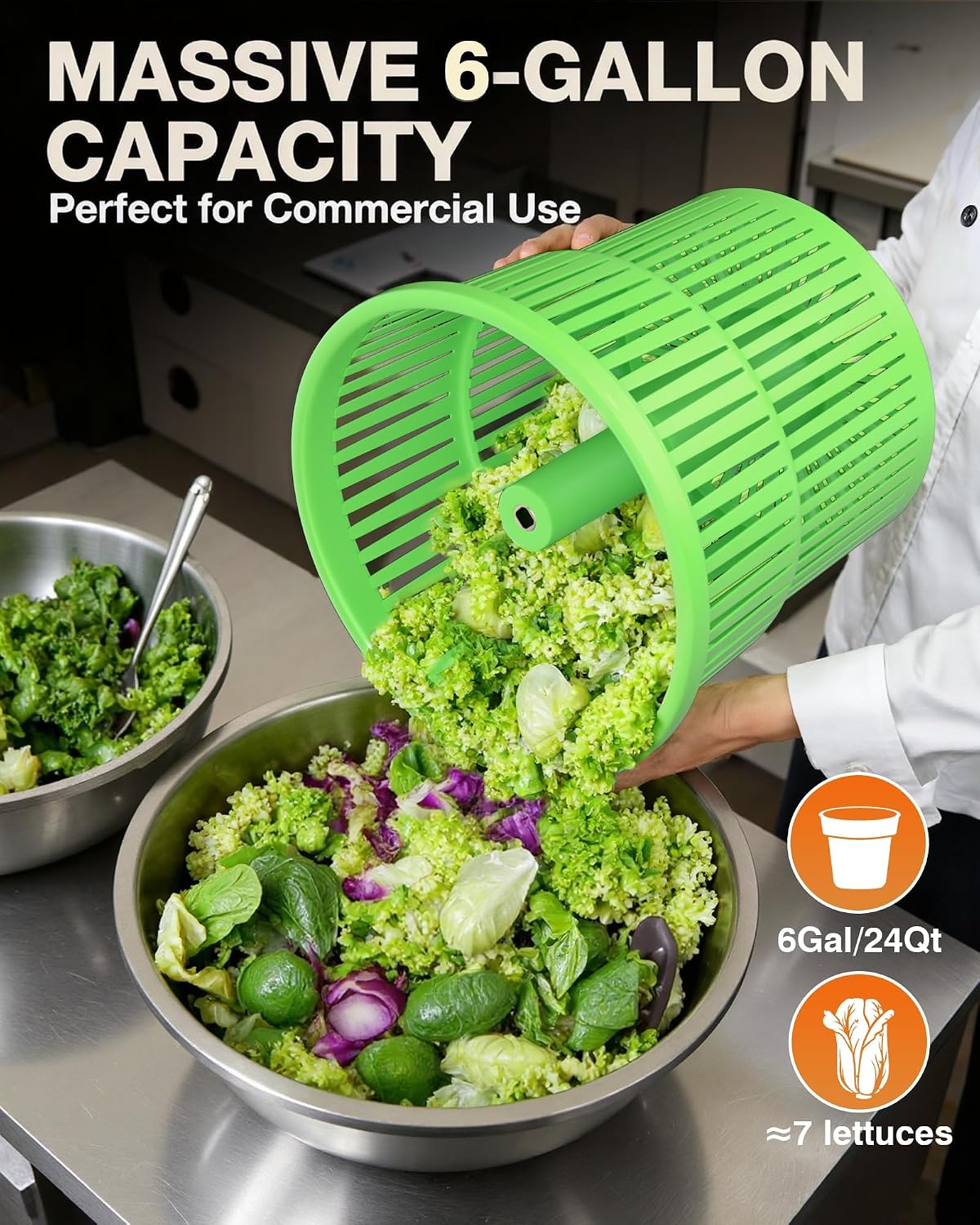 Commercial Salad Spinner - [2 Gallon Salad Dryer] w/Silicone [Anti-slip Mat] & [Draining Hose], 10Qt Manual Salad Spinner for 3 Heads of Lettuce Spinner Large for Catering, Orange