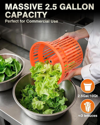 Commercial Salad Spinner - [2 Gallon Salad Dryer] w/Silicone [Anti-slip Mat] & [Draining Hose], 10Qt Manual Salad Spinner for 3 Heads of Lettuce Spinner Large for Catering, Orange