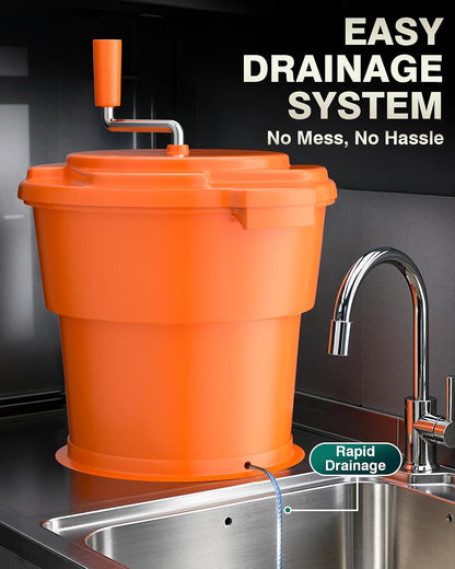 Commercial Salad Spinner - [2 Gallon Salad Dryer] w/Silicone [Anti-slip Mat] & [Draining Hose], 10Qt Manual Salad Spinner for 3 Heads of Lettuce Spinner Large for Catering, Orange
