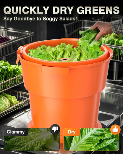 Commercial Salad Spinner - [2 Gallon Salad Dryer] w/Silicone [Anti-slip Mat] & [Draining Hose], 10Qt Manual Salad Spinner for 3 Heads of Lettuce Spinner Large for Catering, Orange