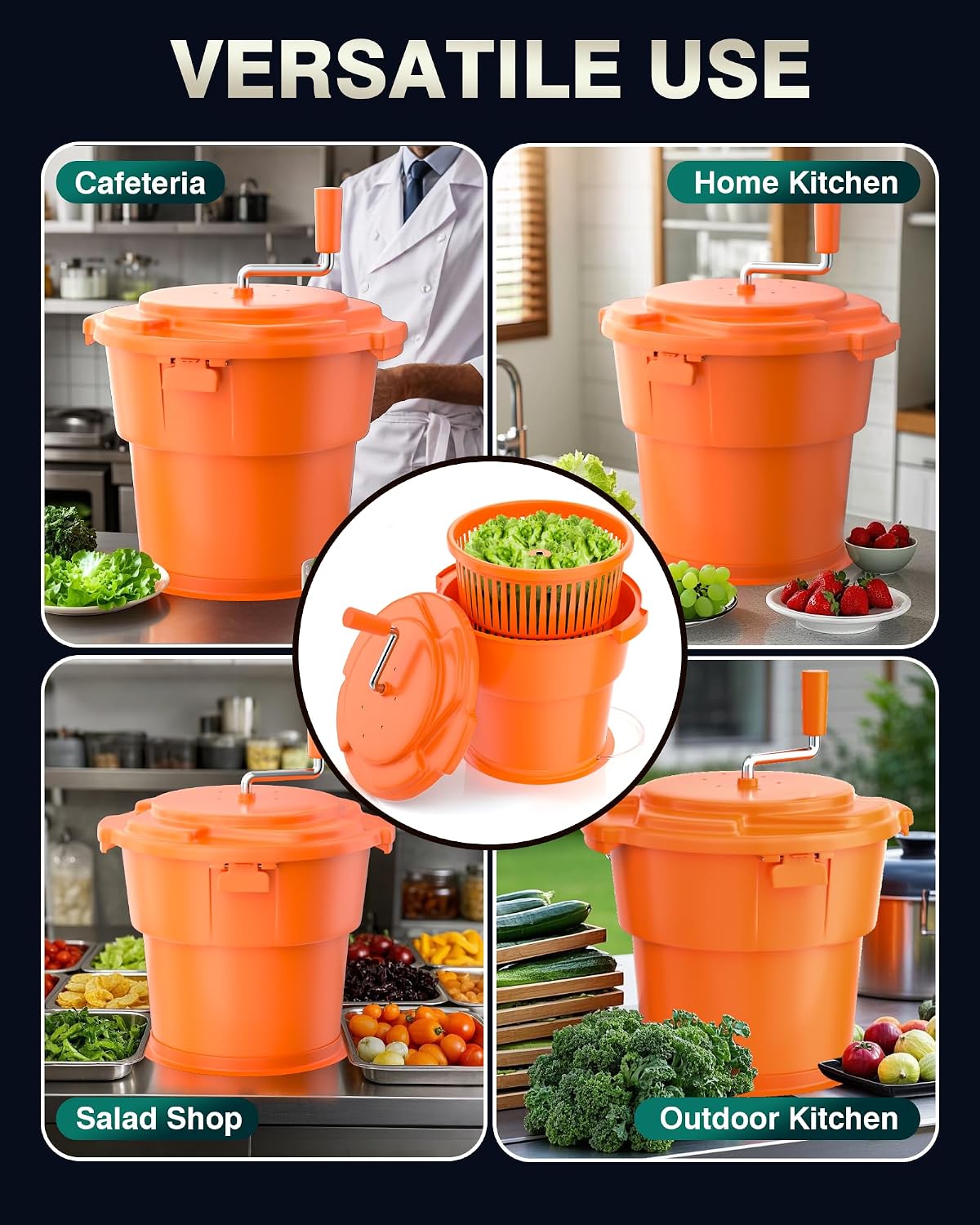 Commercial Salad Spinner - [2 Gallon Salad Dryer] w/Silicone [Anti-slip Mat] & [Draining Hose], 10Qt Manual Salad Spinner for 3 Heads of Lettuce Spinner Large for Catering, Orange