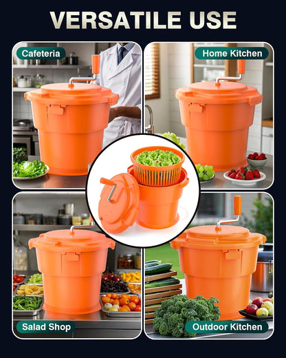 Commercial Salad Spinner - [2 Gallon Salad Dryer] w/Silicone [Anti-slip Mat] & [Draining Hose], 10Qt Manual Salad Spinner for 3 Heads of Lettuce Spinner Large for Catering, Orange