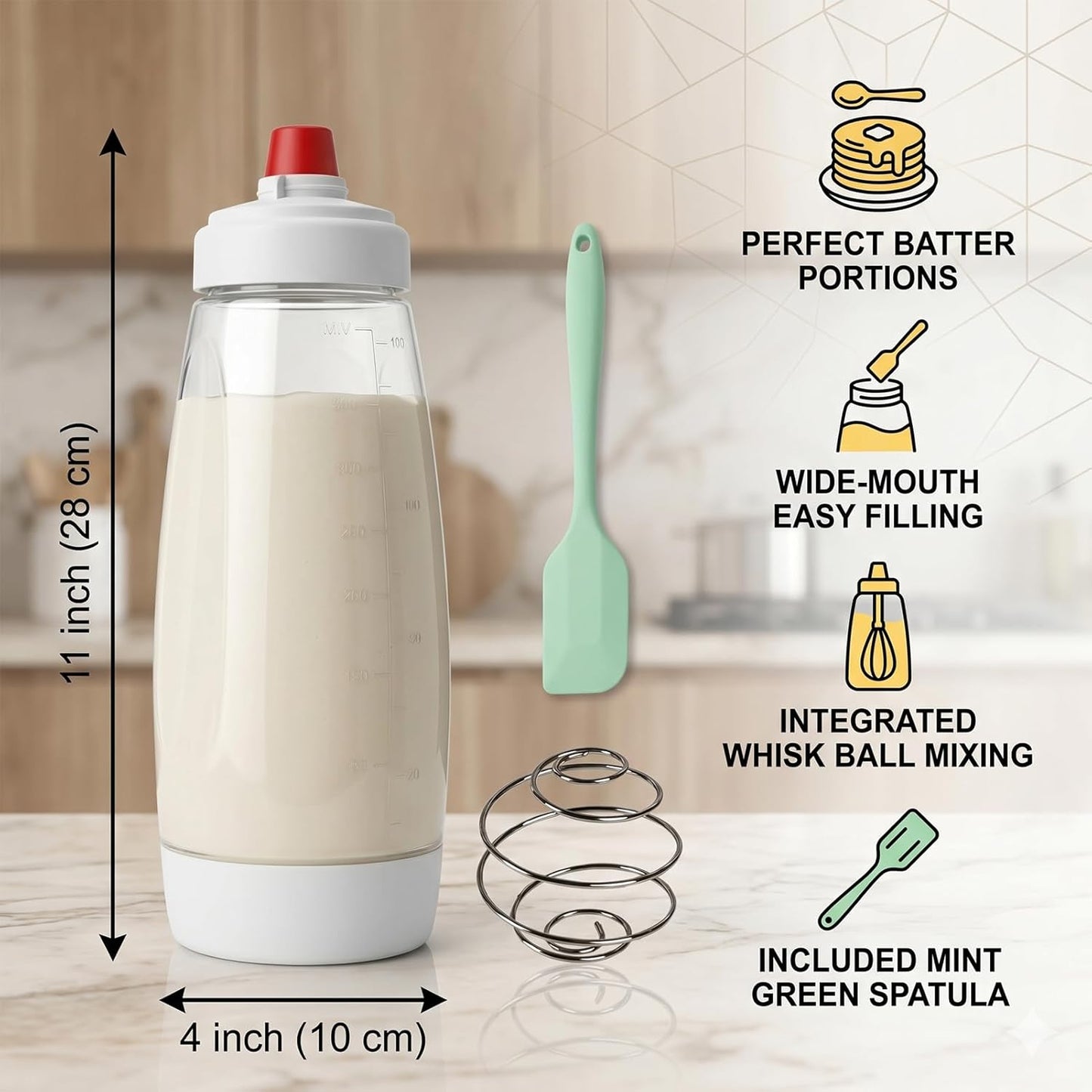 Pancake Batter Dispenser Bottle,Pancake Squeeze Bottle,Pancake Bottle With Whisk Ball And Stand Base, Batter Mixer And Dispenser For Pancakes, Crepes, Waffle,Kitchen Baking Tool One Pack