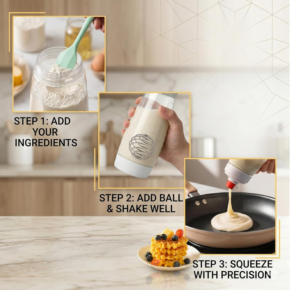 Pancake Batter Dispenser Bottle,Pancake Squeeze Bottle,Pancake Bottle With Whisk Ball And Stand Base, Batter Mixer And Dispenser For Pancakes, Crepes, Waffle,Kitchen Baking Tool One Pack