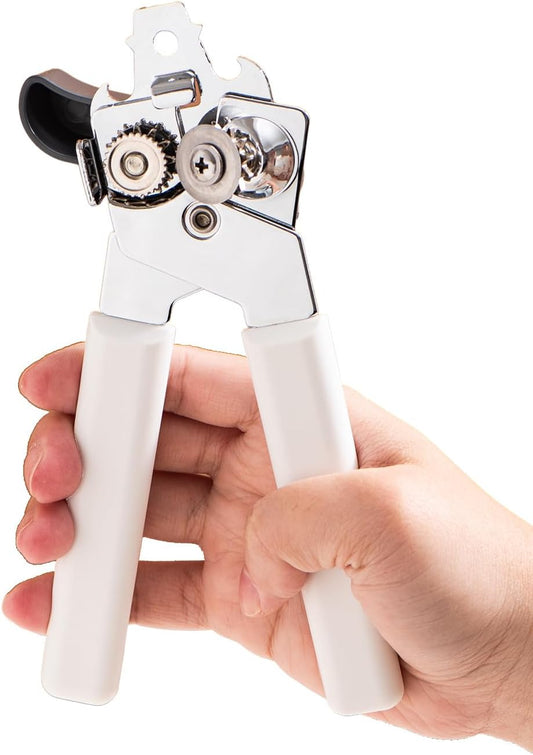 Can Opener Manual, Can Openers Hand Held with Comfort Anti-Slip Handles, Heavy Duty Stainless Steel Can Opener Smooth Edge and Bottle Openers, Easy Turn Can Openers for Seniors, Kitchen, White