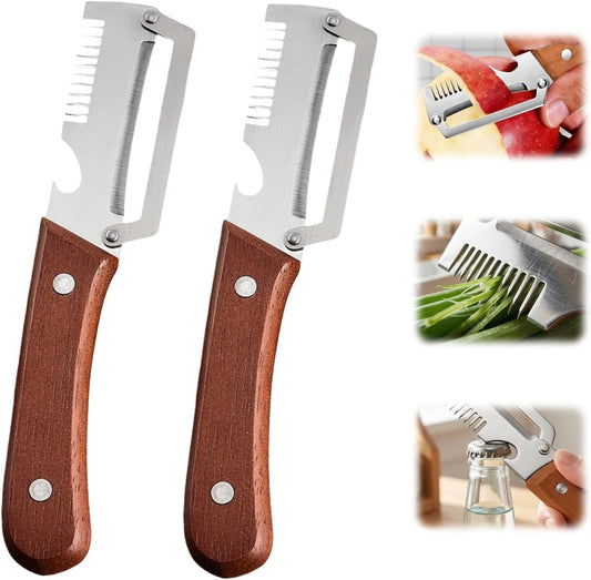 2 Pieces Multi-functional Kitchen Peeler, 2026 Upgraded Multifunctional Vegetable Peeler, 3 in 1 Stainless Steel Wooden Handle Peeler with Bottle Opener and Shredding, Kitchen Tool for Fruit, Veggie
