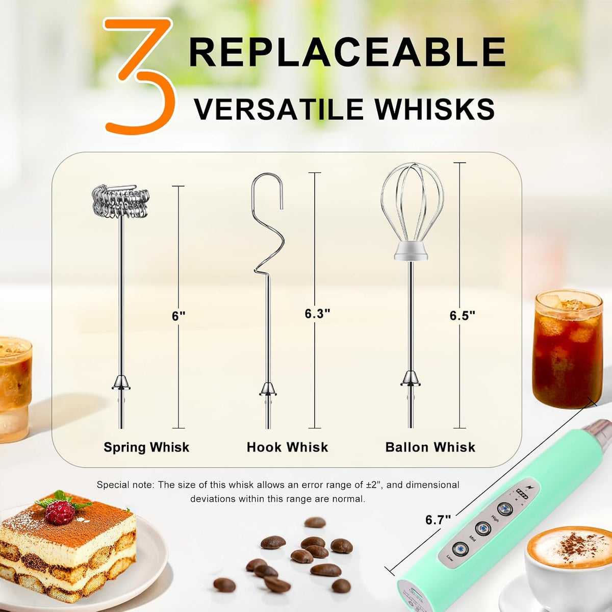 Handheld Milk Frother Wand for Coffee, Rechargeable Electric Whisk - Colors A