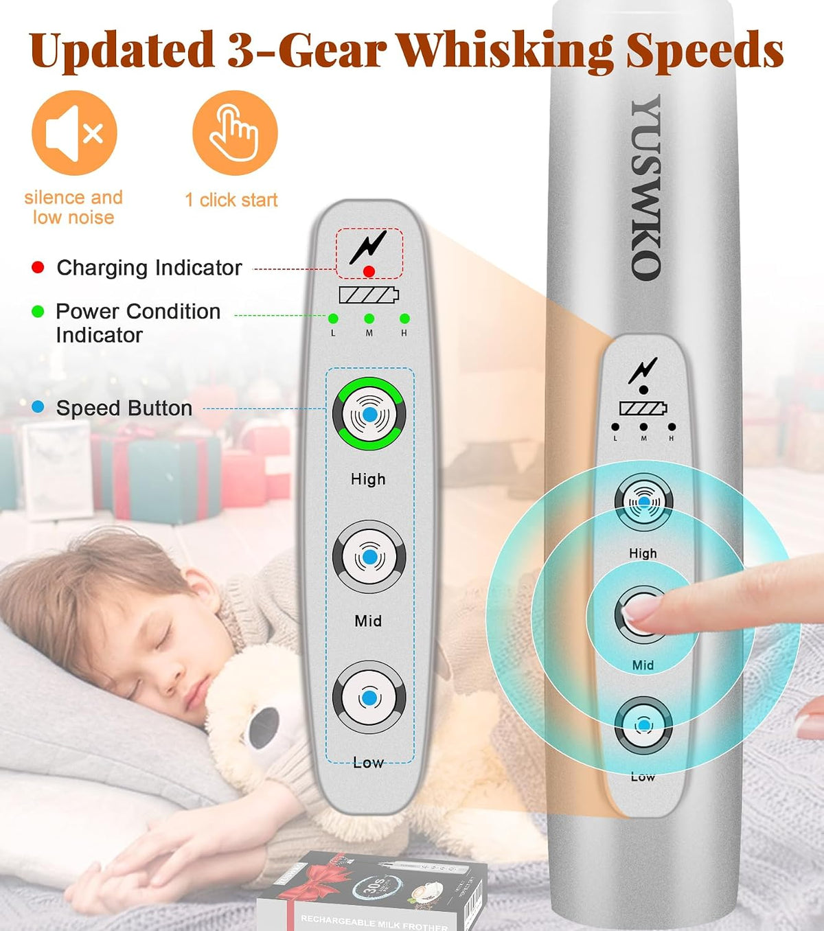 Handheld Milk Frother Wand for Coffee, Rechargeable Electric Whisk - Colors A