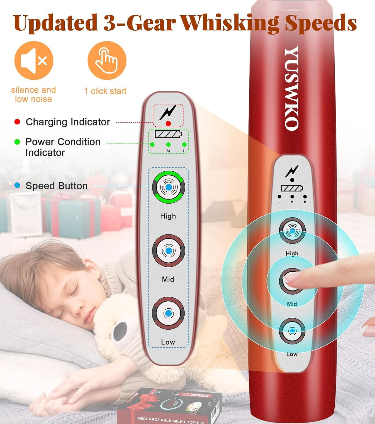 Handheld Milk Frother Wand for Coffee, Rechargeable Electric Whisk - Colors A
