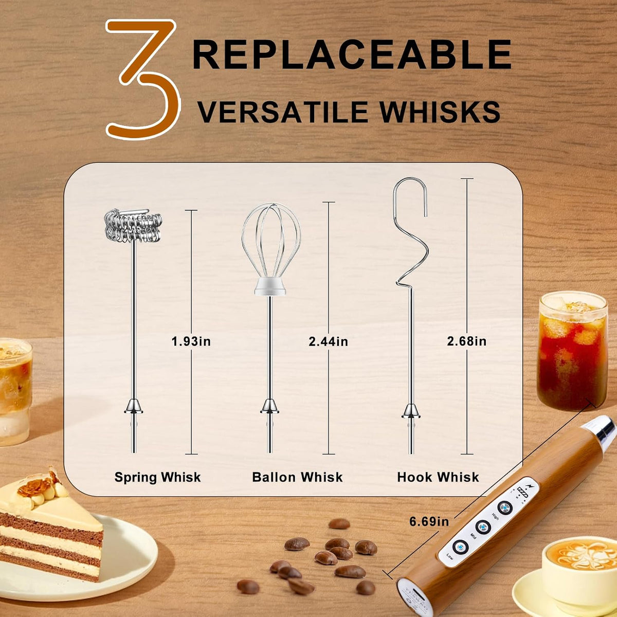Handheld Milk Frother Wand for Coffee, Rechargeable Electric Whisk - Colors A