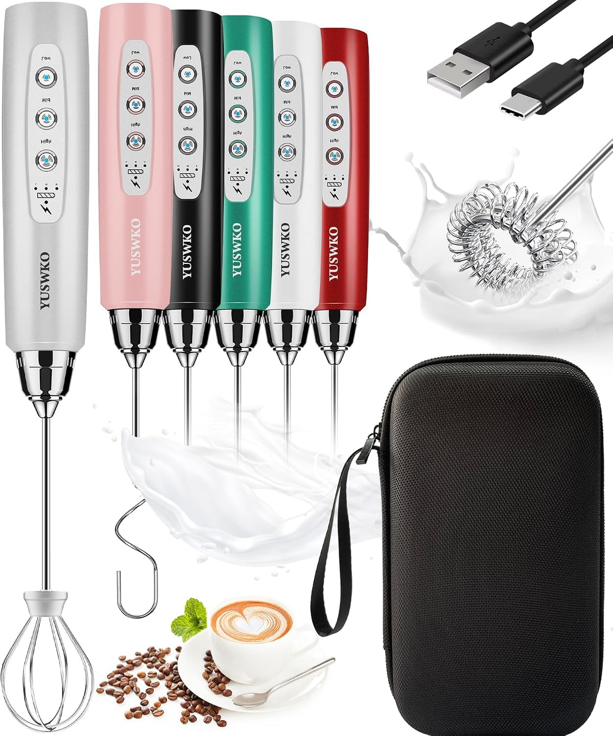 Handheld Milk Frother Wand for Coffee, Rechargeable Electric Whisk - Colors A