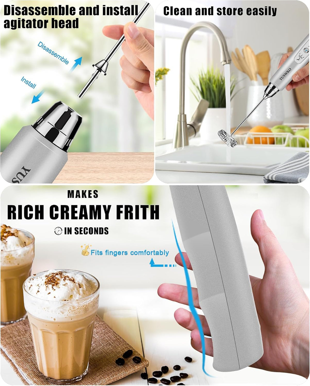 Handheld Milk Frother Wand for Coffee, Rechargeable Electric Whisk - Colors A