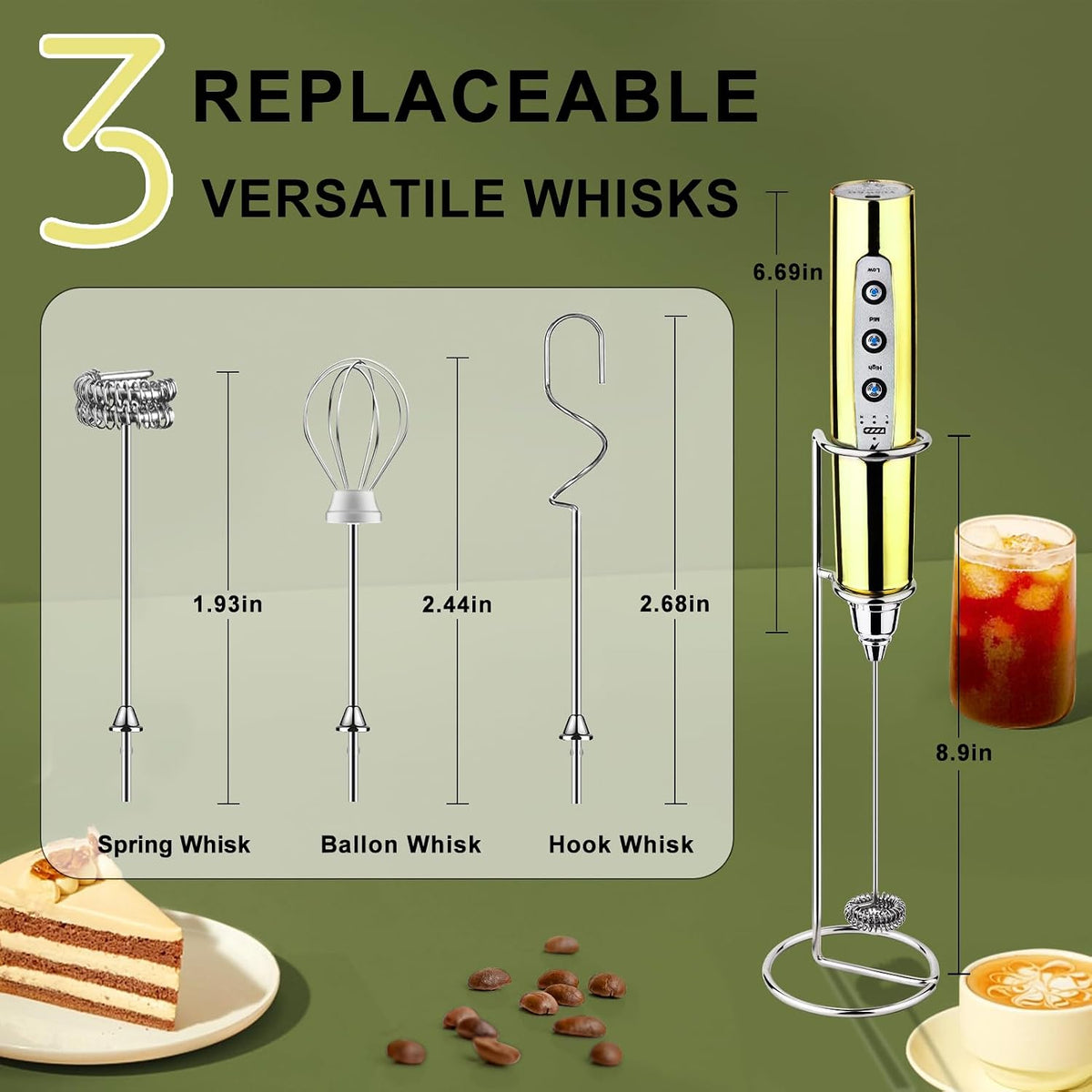 Handheld Milk Frother Wand for Coffee, Rechargeable Electric Whisk - Colors A