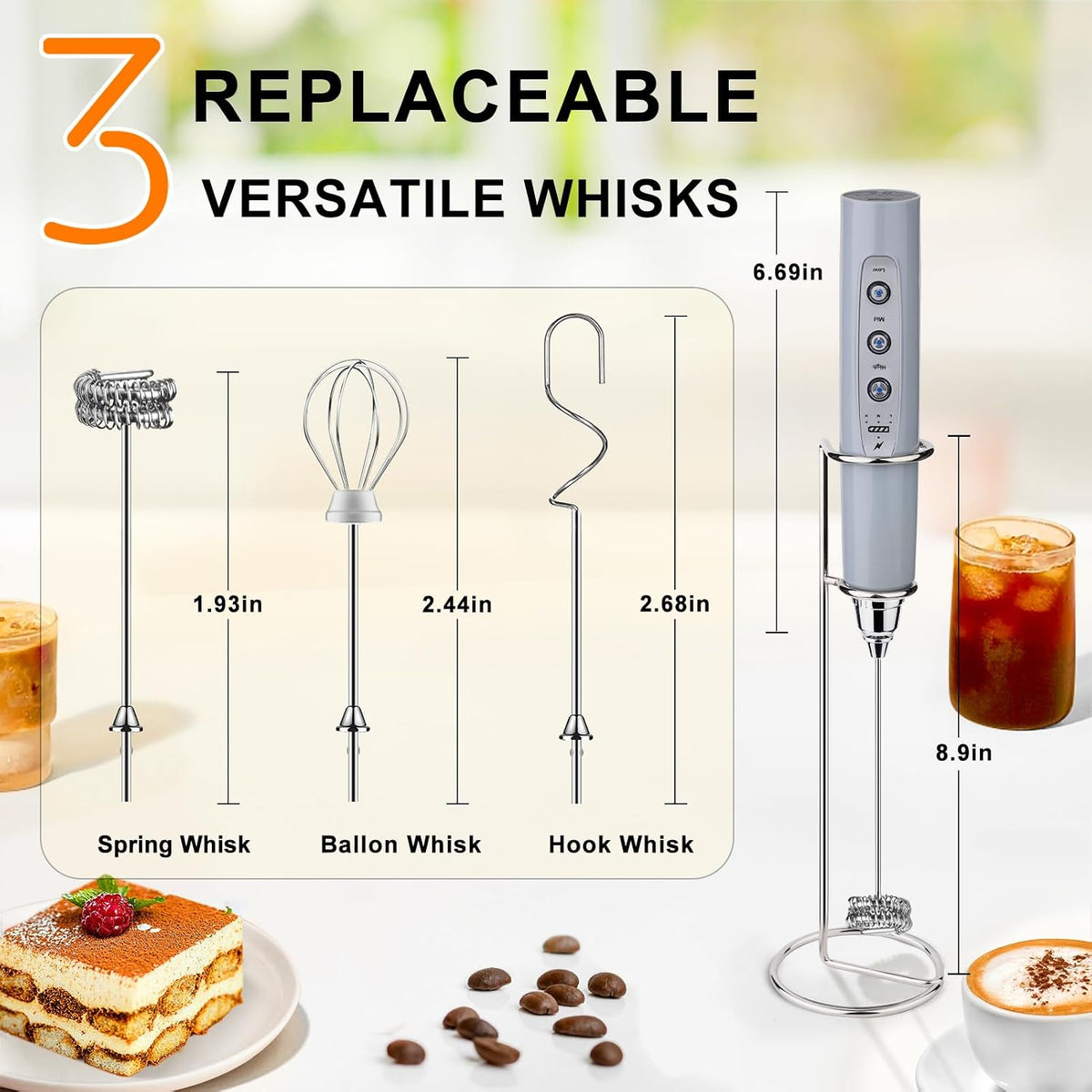 Handheld Milk Frother Wand for Coffee, Rechargeable Electric Whisk - Colors A