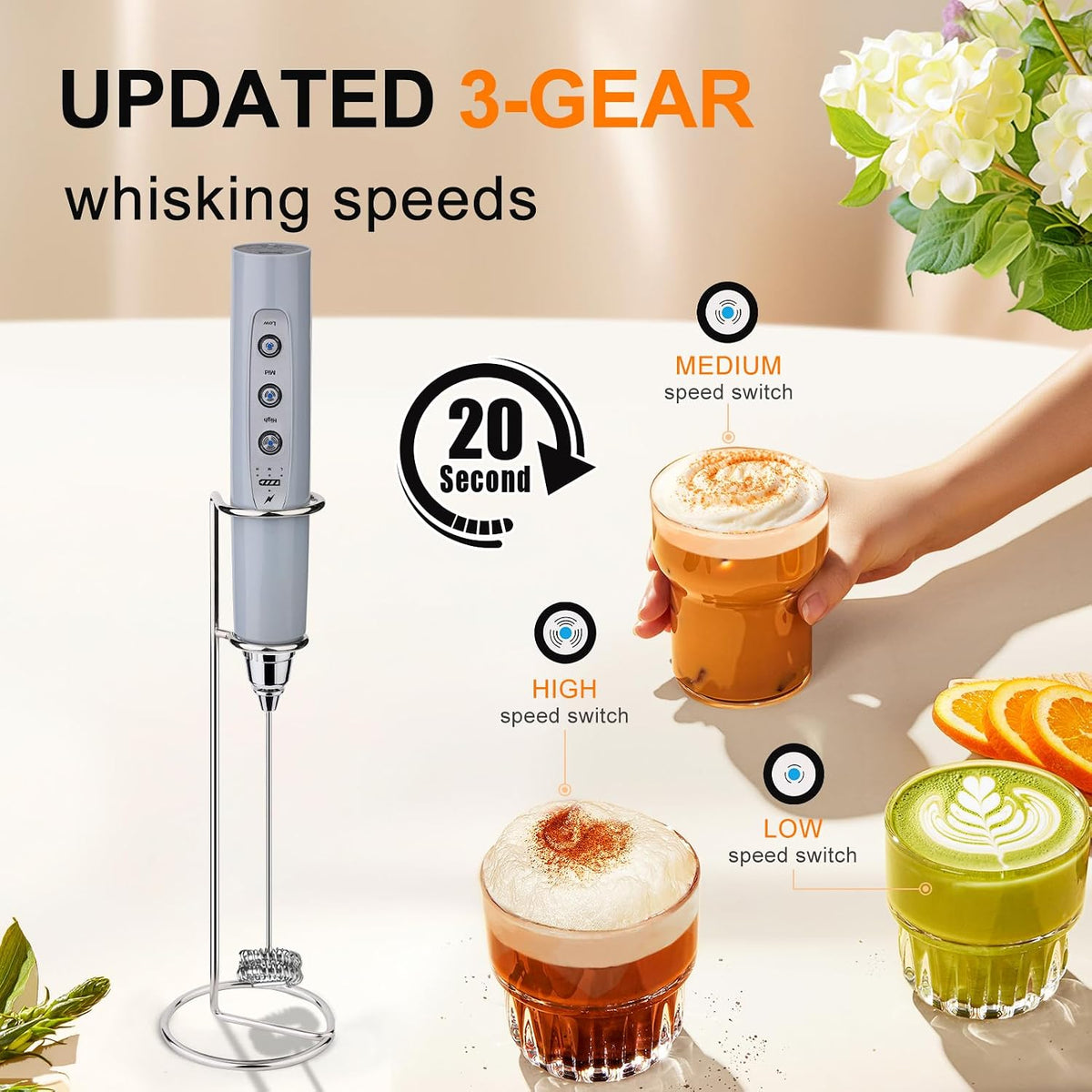 Handheld Milk Frother Wand for Coffee, Rechargeable Electric Whisk - Colors A