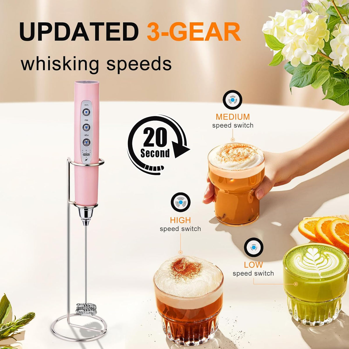 Handheld Milk Frother Wand for Coffee, Rechargeable Electric Whisk - Colors A