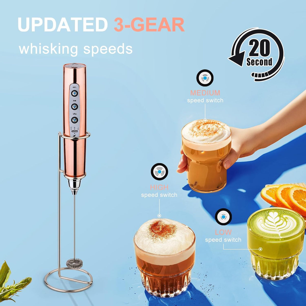 Handheld Milk Frother Wand for Coffee, Rechargeable Electric Whisk - Colors A