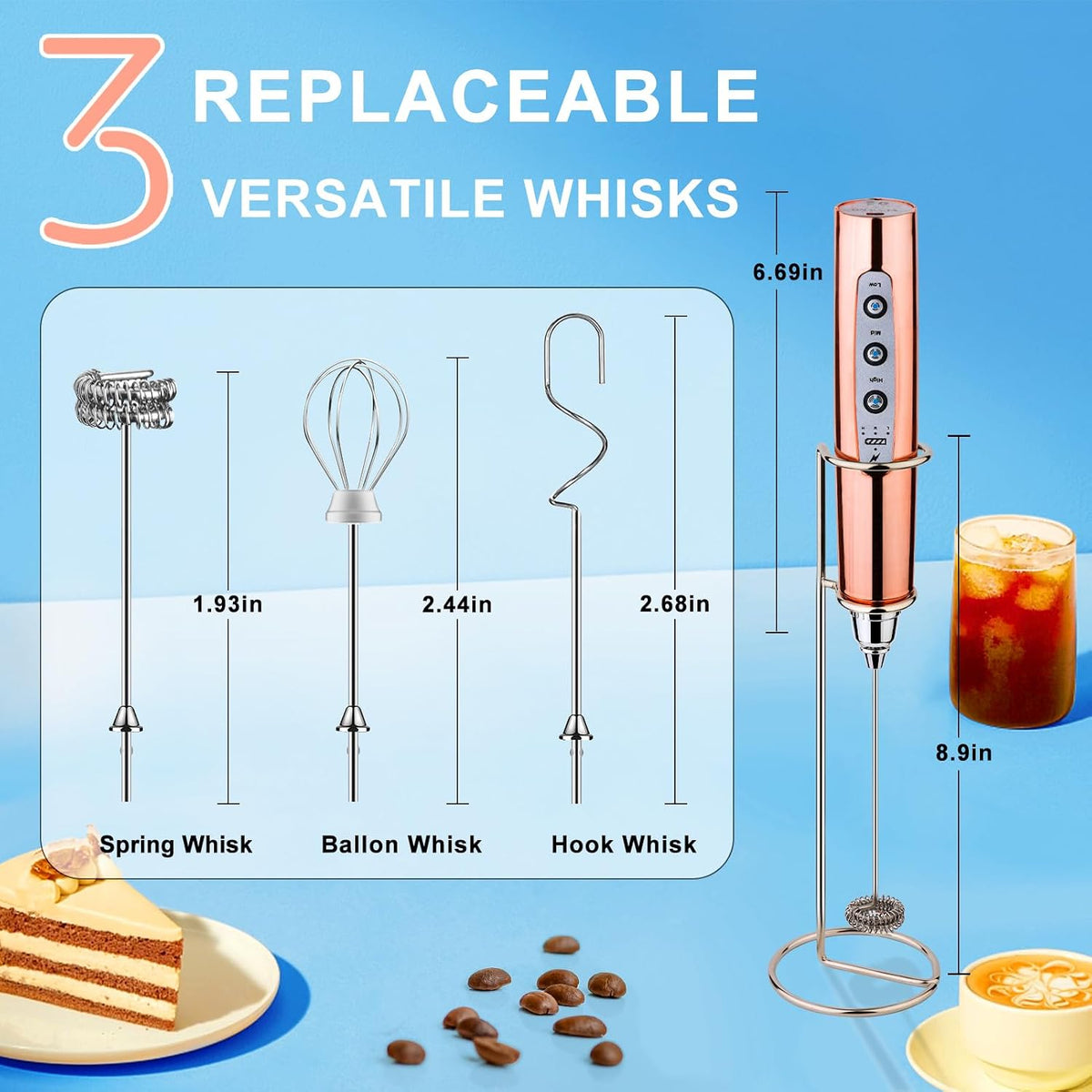 Handheld Milk Frother Wand for Coffee, Rechargeable Electric Whisk - Colors A