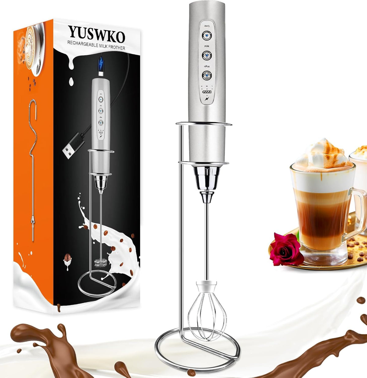 Handheld Milk Frother Wand for Coffee, Rechargeable Electric Whisk - Colors A