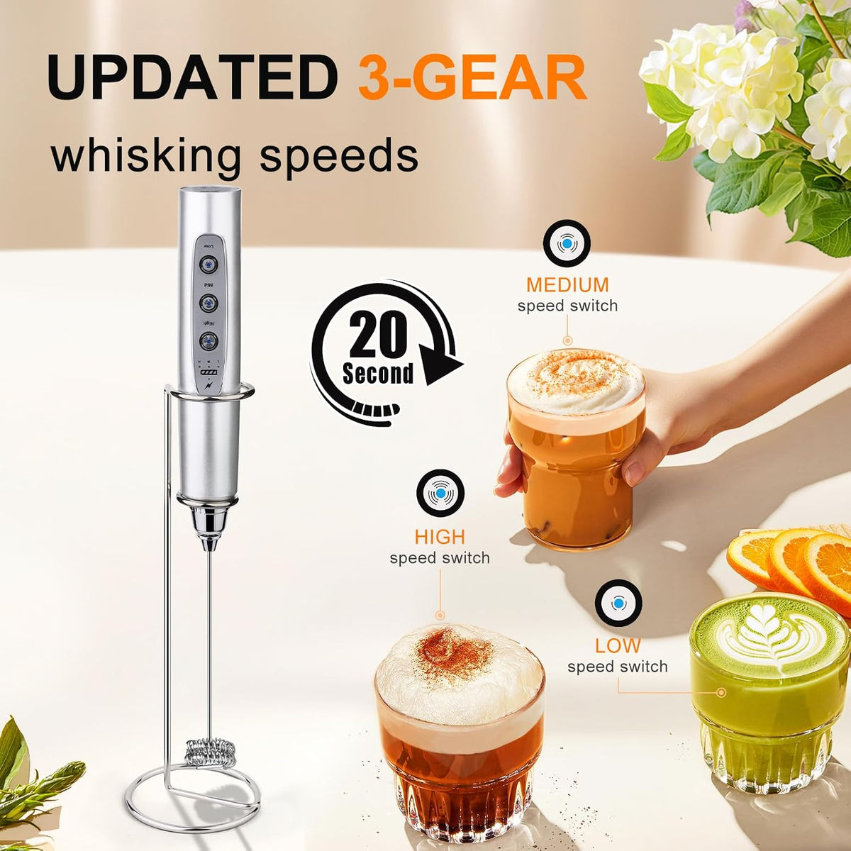 Handheld Milk Frother Wand for Coffee, Rechargeable Electric Whisk - Colors A