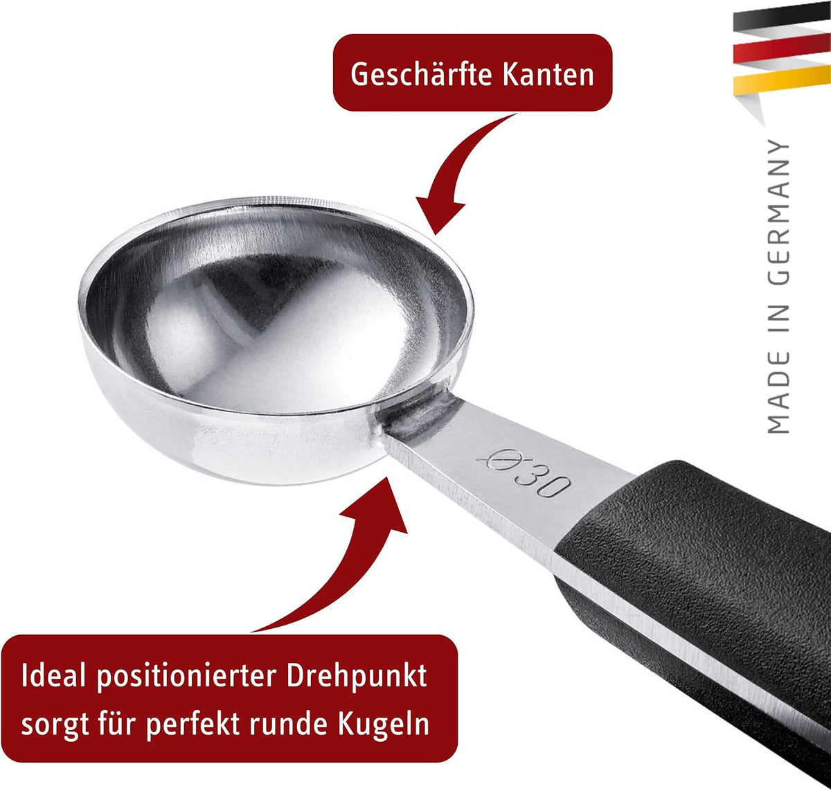 Double Melon Baller - Two-Sided 0.9/1.2 in (22/30 mm) Stainless Steel Scoops for Fruits, Vegetables, Butter & More - Comfortable Handle - Dishwasher Safe - Made in Germany