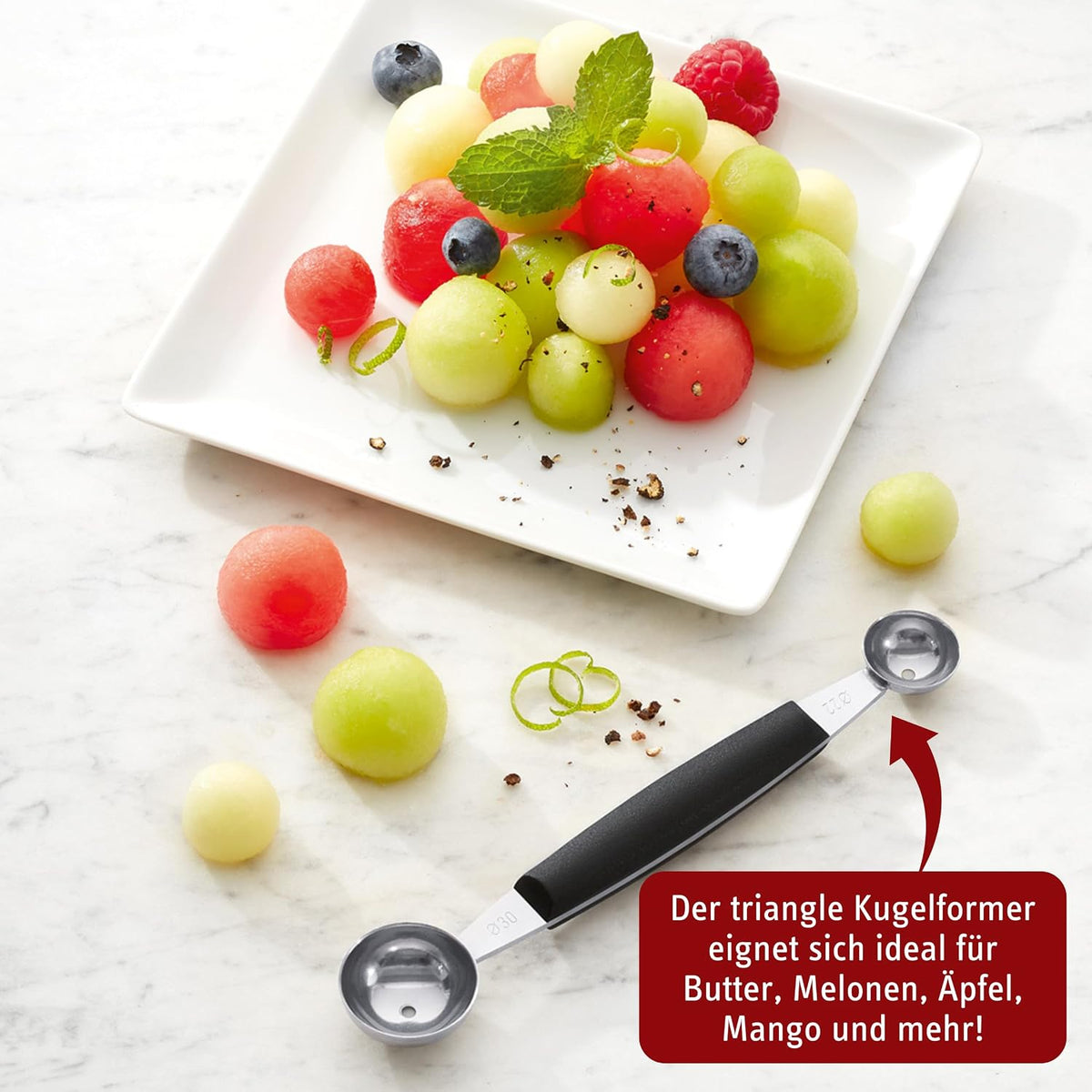 Double Melon Baller - Two-Sided 0.9/1.2 in (22/30 mm) Stainless Steel Scoops for Fruits, Vegetables, Butter & More - Comfortable Handle - Dishwasher Safe - Made in Germany