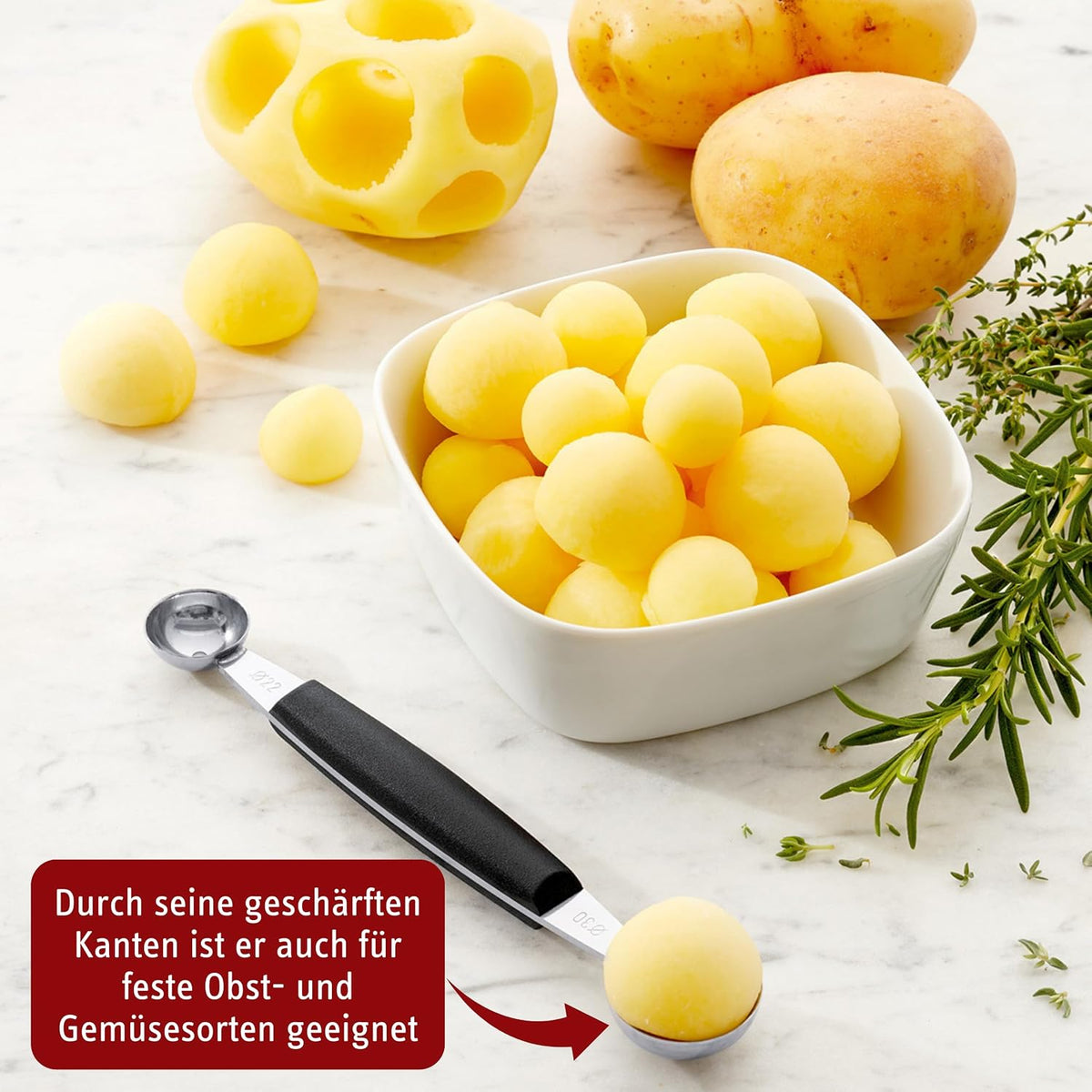 Double Melon Baller - Two-Sided 0.9/1.2 in (22/30 mm) Stainless Steel Scoops for Fruits, Vegetables, Butter & More - Comfortable Handle - Dishwasher Safe - Made in Germany