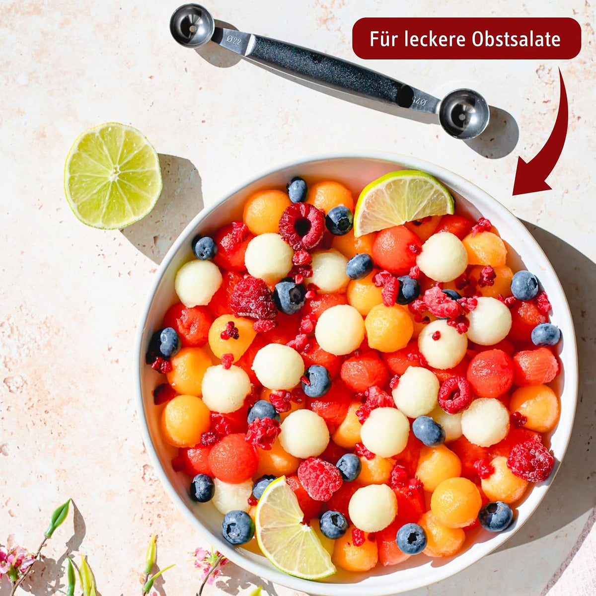 Double Melon Baller - Two-Sided 0.9/1.2 in (22/30 mm) Stainless Steel Scoops for Fruits, Vegetables, Butter & More - Comfortable Handle - Dishwasher Safe - Made in Germany