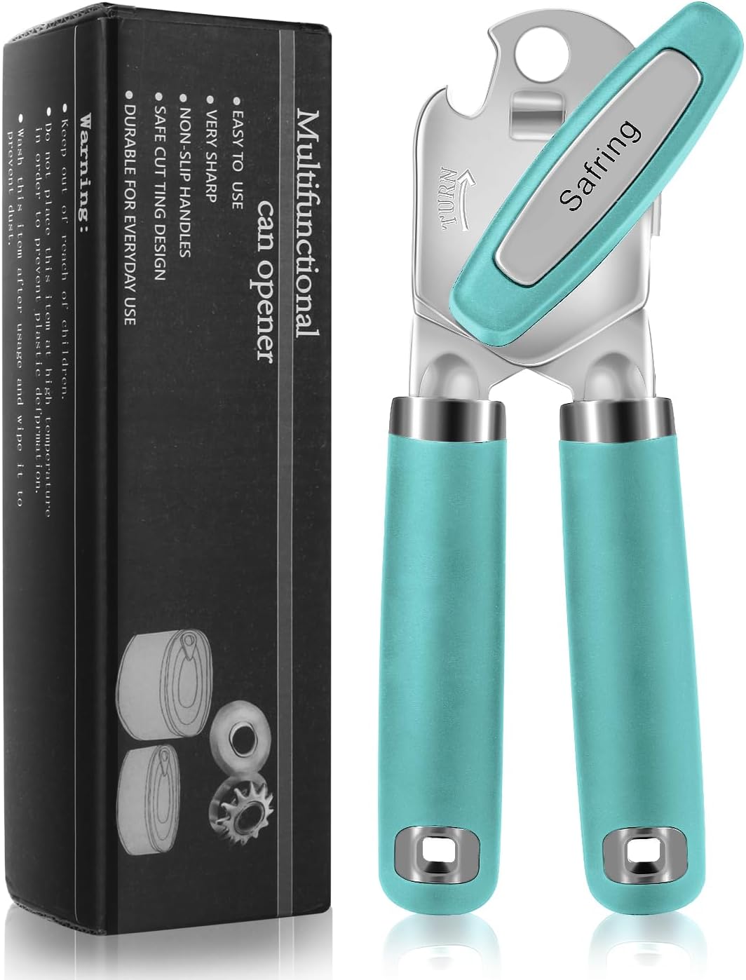 Can Opener Manual, Heavy Duty Handheld Strong Can Opener with Soft Touch Handle, Sharp Blade Smooth Edge, Can Openers with Multifunctional Bottle Opener, Beige