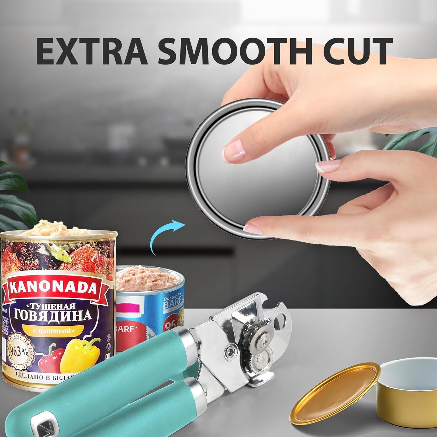 Can Opener Manual, Heavy Duty Handheld Strong Can Opener with Soft Touch Handle, Sharp Blade Smooth Edge, Can Openers with Multifunctional Bottle Opener, Beige