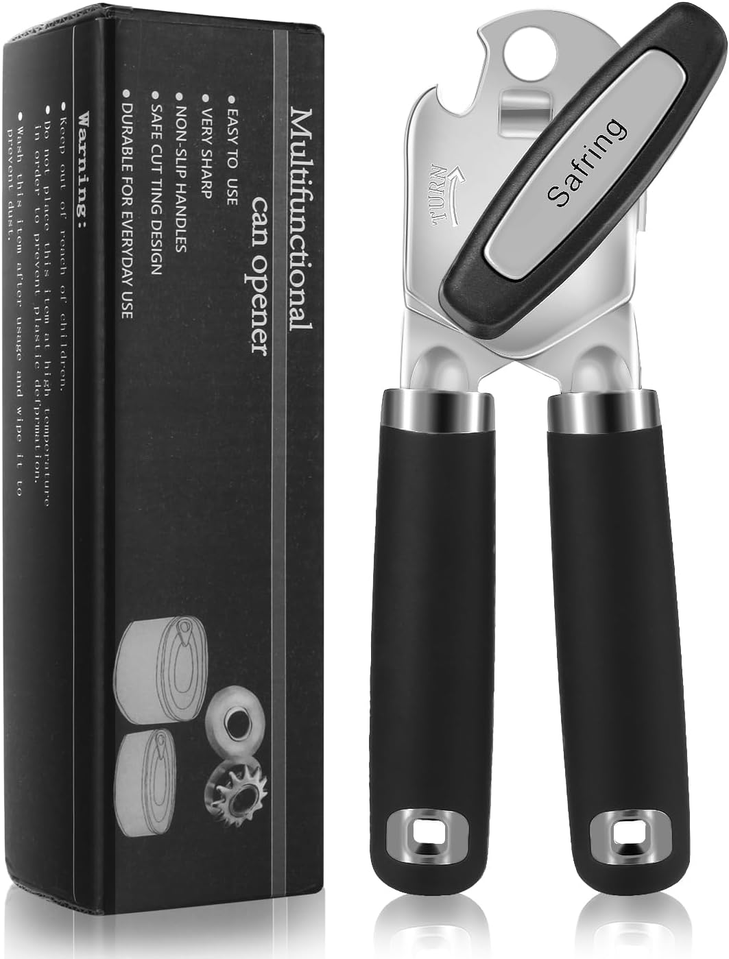 Can Opener Manual, Heavy Duty Handheld Strong Can Opener with Soft Touch Handle, Sharp Blade Smooth Edge, Can Openers with Multifunctional Bottle Opener, Beige