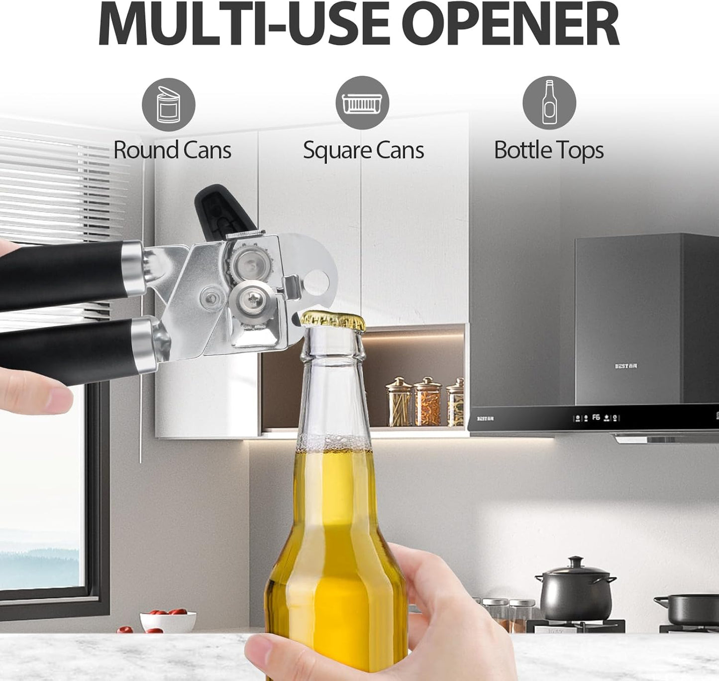 Can Opener Manual, Heavy Duty Handheld Strong Can Opener with Soft Touch Handle, Sharp Blade Smooth Edge, Can Openers with Multifunctional Bottle Opener, Beige
