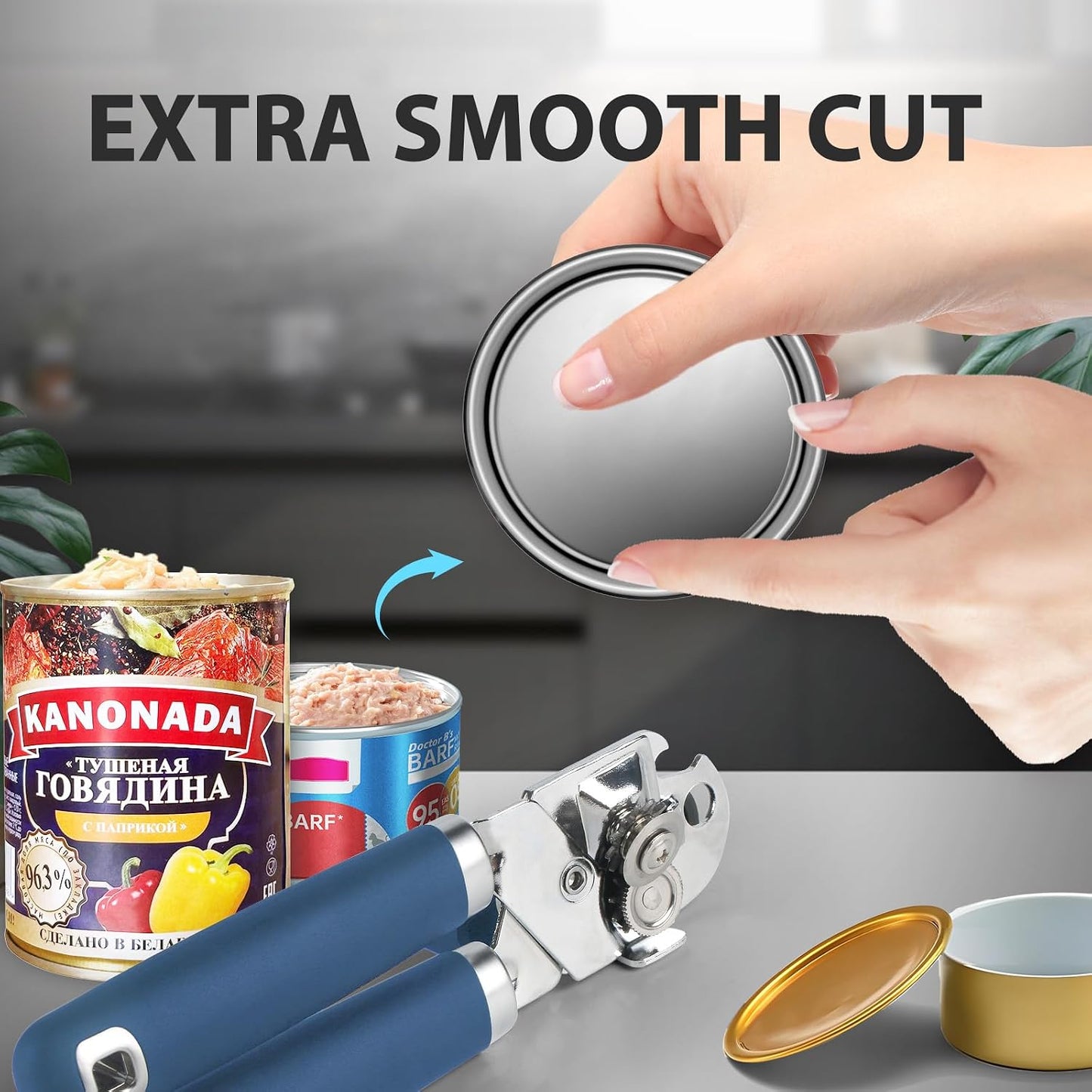 Can Opener Manual, Heavy Duty Handheld Strong Can Opener with Soft Touch Handle, Sharp Blade Smooth Edge, Can Openers with Multifunctional Bottle Opener, Beige