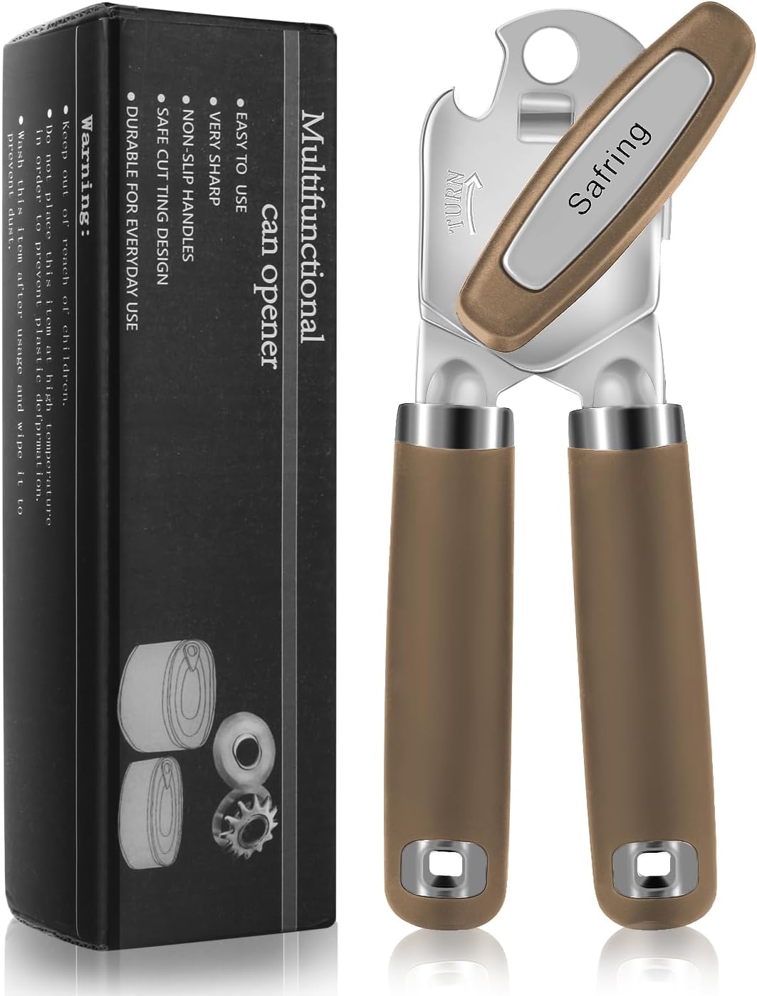 Can Opener Manual, Heavy Duty Handheld Strong Can Opener with Soft Touch Handle, Sharp Blade Smooth Edge, Can Openers with Multifunctional Bottle Opener, Beige