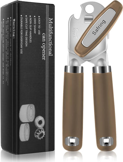 Can Opener Manual, Heavy Duty Handheld Strong Can Opener with Soft Touch Handle, Sharp Blade Smooth Edge, Can Openers with Multifunctional Bottle Opener, Beige