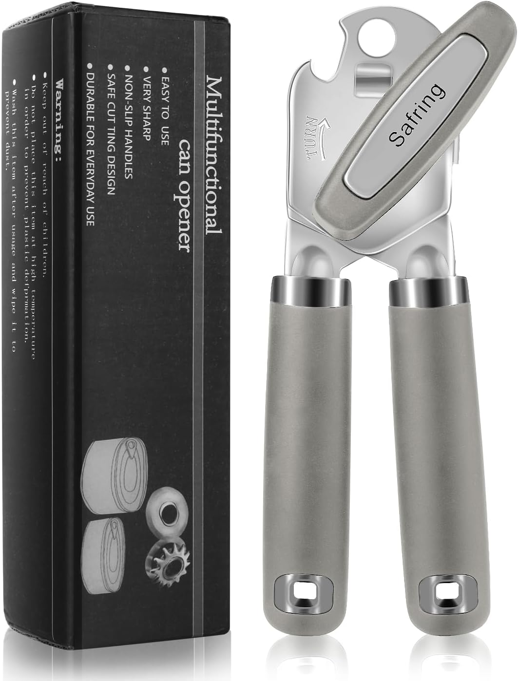 Can Opener Manual, Heavy Duty Handheld Strong Can Opener with Soft Touch Handle, Sharp Blade Smooth Edge, Can Openers with Multifunctional Bottle Opener, Beige