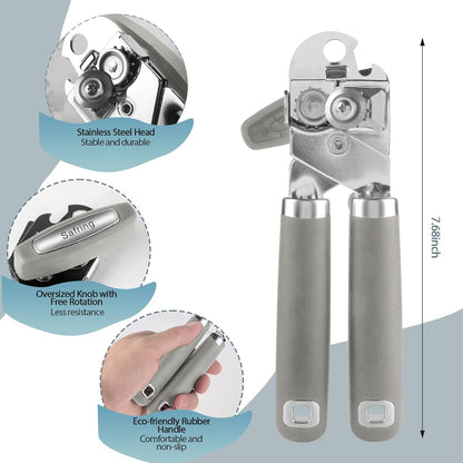 Can Opener Manual, Heavy Duty Handheld Strong Can Opener with Soft Touch Handle, Sharp Blade Smooth Edge, Can Openers with Multifunctional Bottle Opener, Beige