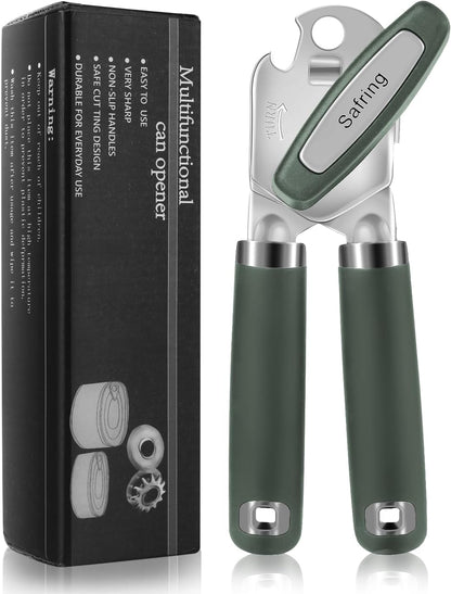 Can Opener Manual, Heavy Duty Handheld Strong Can Opener with Soft Touch Handle, Sharp Blade Smooth Edge, Can Openers with Multifunctional Bottle Opener, Beige