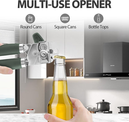 Can Opener Manual, Heavy Duty Handheld Strong Can Opener with Soft Touch Handle, Sharp Blade Smooth Edge, Can Openers with Multifunctional Bottle Opener, Beige