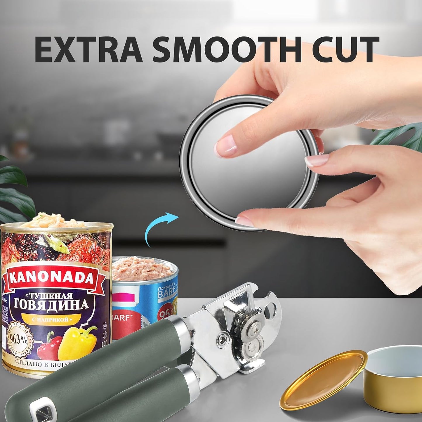 Can Opener Manual, Heavy Duty Handheld Strong Can Opener with Soft Touch Handle, Sharp Blade Smooth Edge, Can Openers with Multifunctional Bottle Opener, Beige