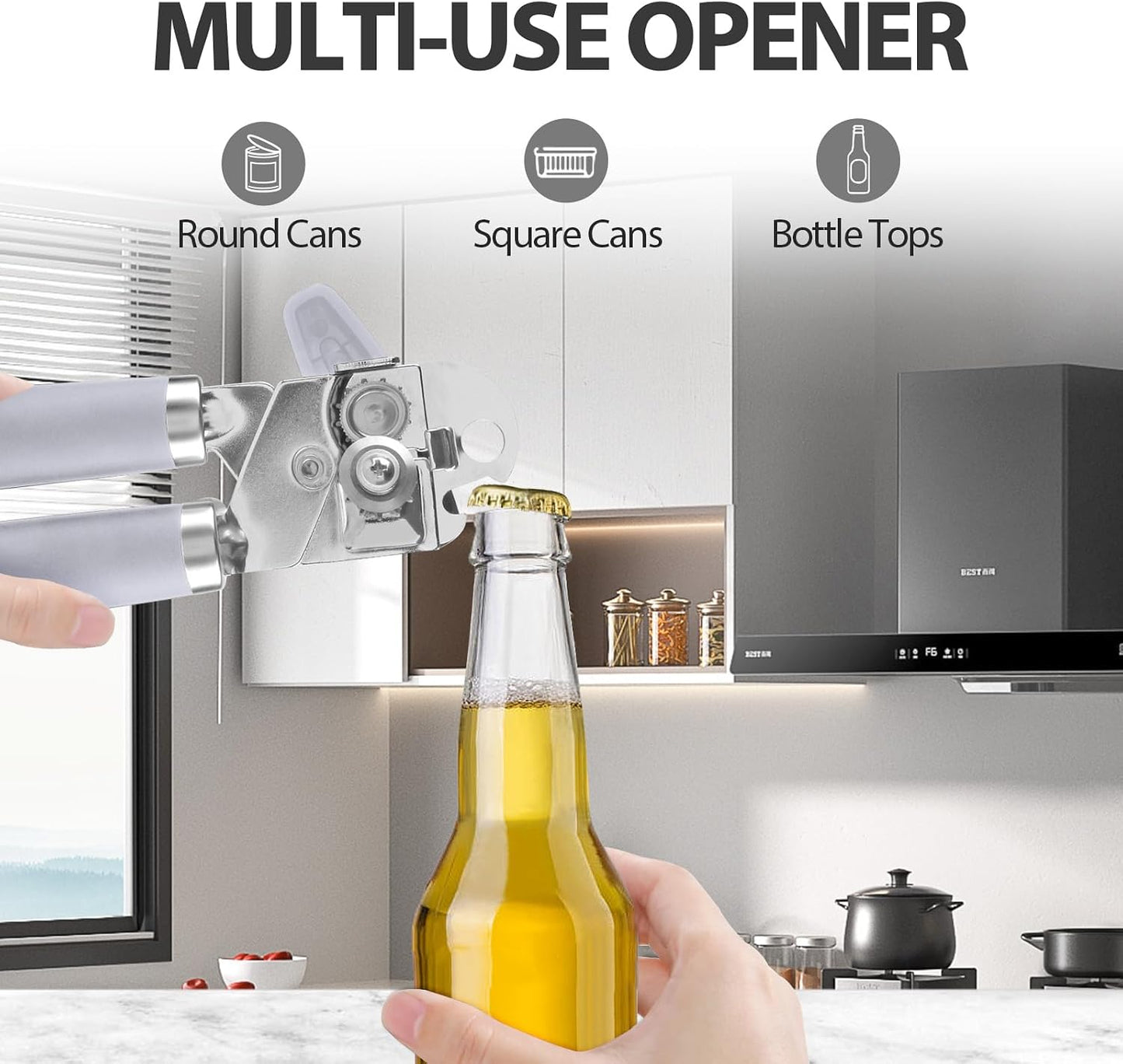 Can Opener Manual, Heavy Duty Handheld Strong Can Opener with Soft Touch Handle, Sharp Blade Smooth Edge, Can Openers with Multifunctional Bottle Opener, Beige