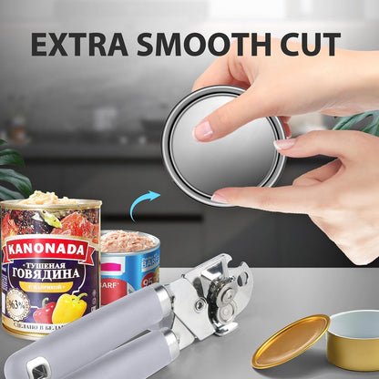 Can Opener Manual, Heavy Duty Handheld Strong Can Opener with Soft Touch Handle, Sharp Blade Smooth Edge, Can Openers with Multifunctional Bottle Opener, Beige